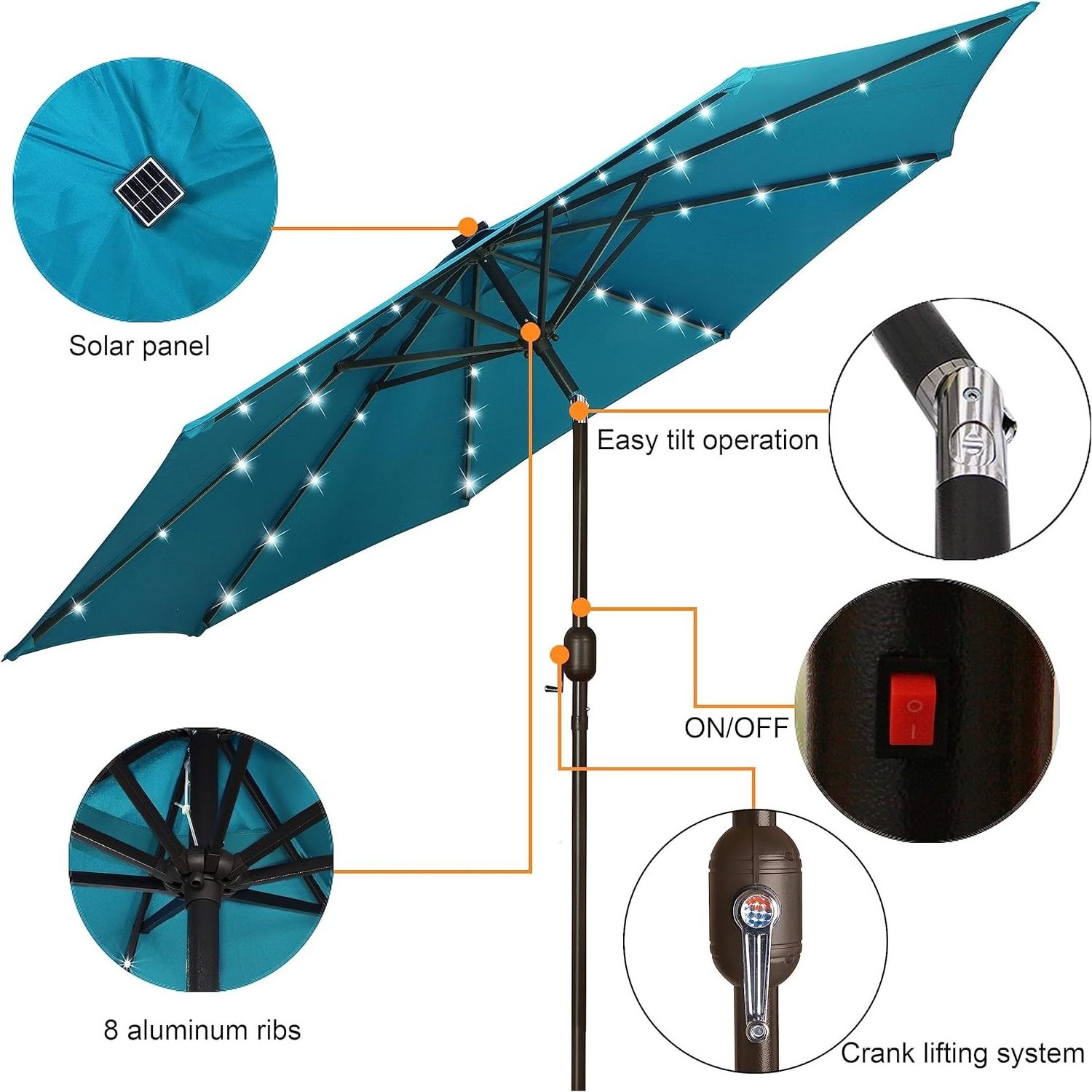 Large 9 ft Solar Umbrella 32 LED Lighted Patio Umbrella Table Market Umbrella with Tilt and Crank Outdoor