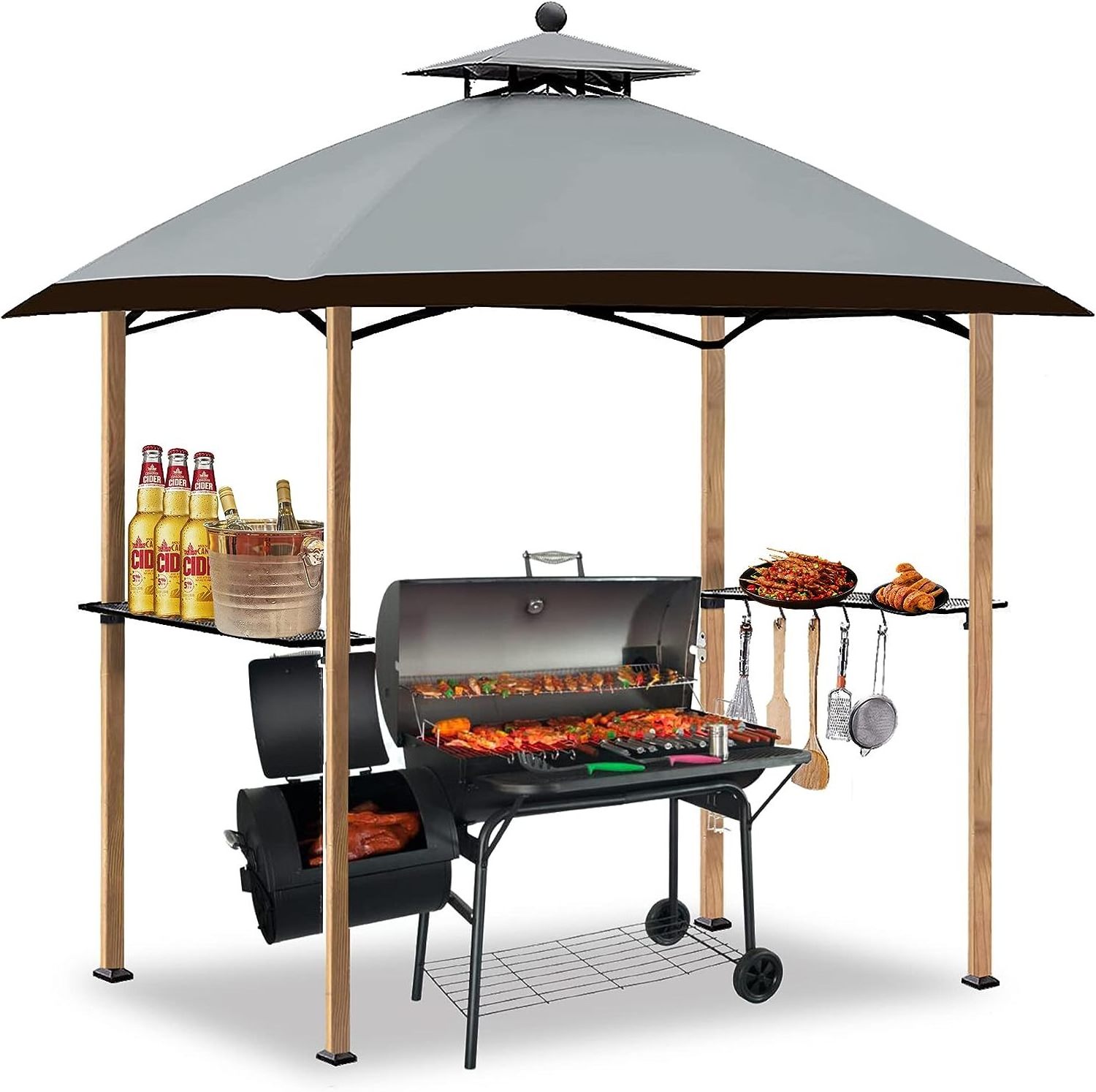 8'x5' Grill Gazebo Canopy Outdoor BBQ Gazebo with Hooks and Bottle Opener Double Tiered Patio Shelter Tent for Barbecues