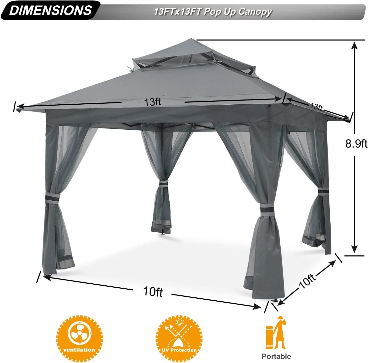 13x13 Square Pop Up Gazebo Grey Outdoor Canopy Tent with Mosquito Netting for Patio Garden Backyard