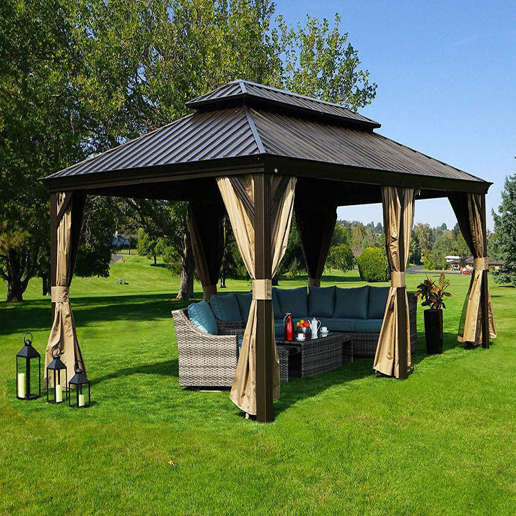 Factory custom size 12x20 outdoor double tops PU-coated hardtop metal garden gazebo pergola