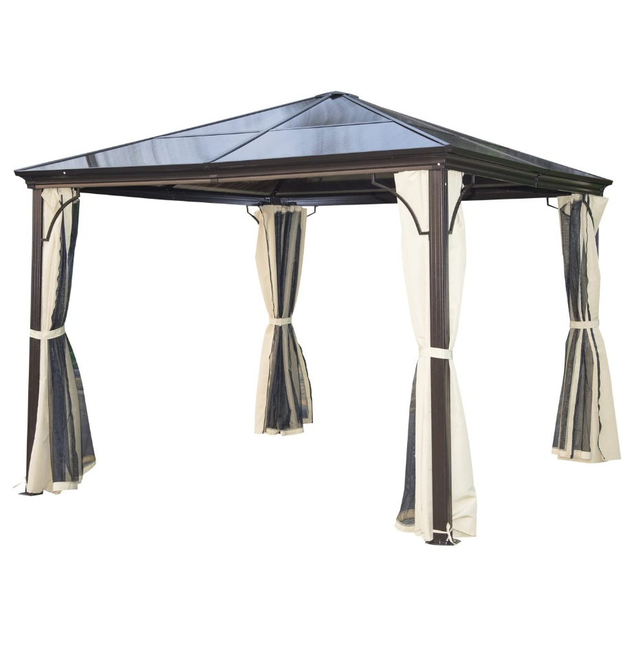 10' x 10' Aluminum Frame and Polycarbonate Hardtop Gazebo Canopy Cover with Mesh Net Curtains & Durability