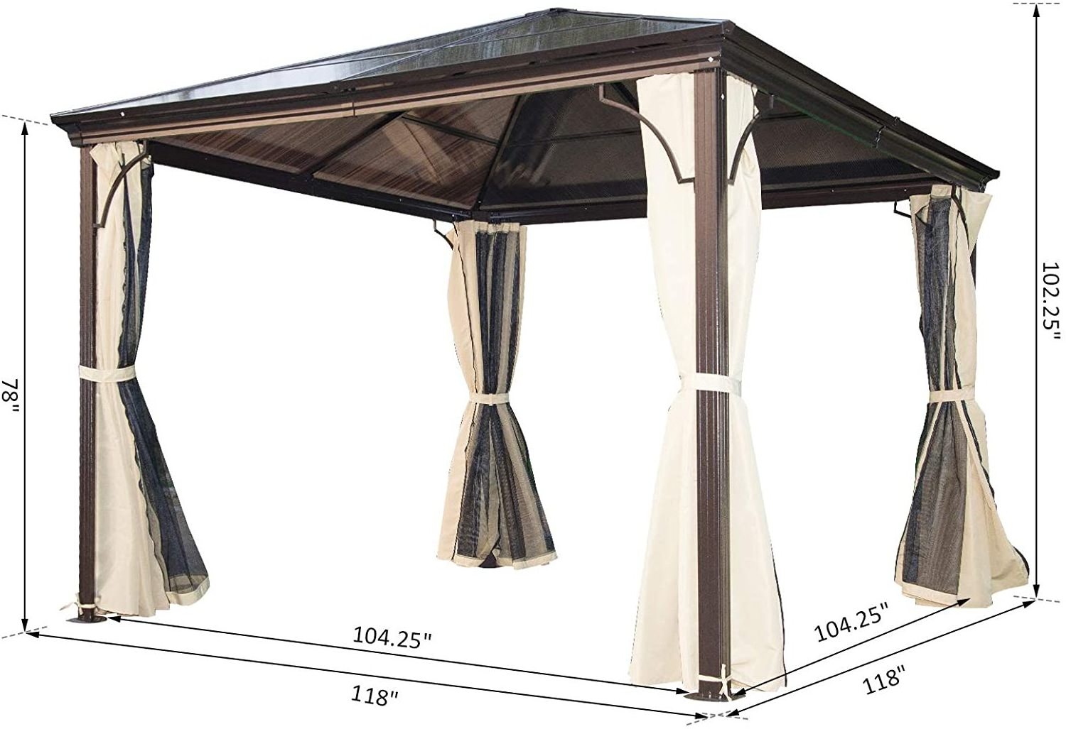 10' x 10' Aluminum Frame and Polycarbonate Hardtop Gazebo Canopy Cover with Mesh Net Curtains & Durability