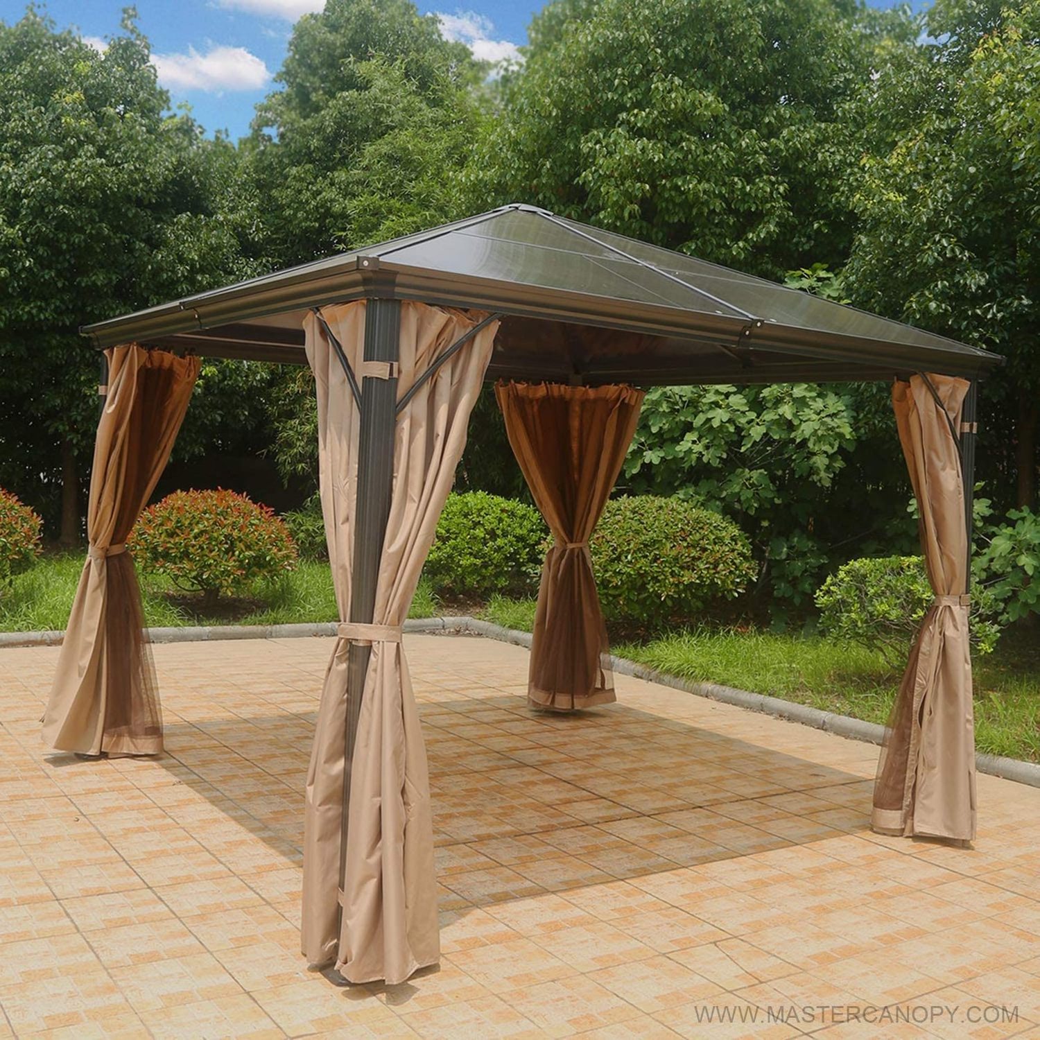 Outdoor Hardtop Aluminium Gazebo Patio Polycarbonate Gazebo with Brown Mosquito Netting Screen Walls Curtains