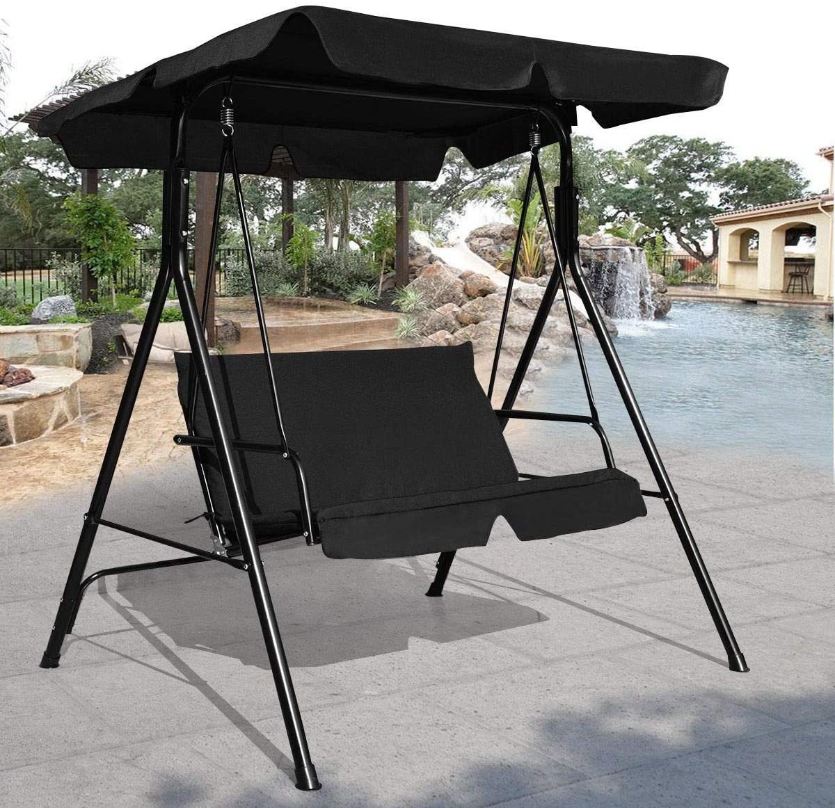 Outdoor 2-Person Black Canopy Swing Chair Bench Steel Frame Garden swing with canopy