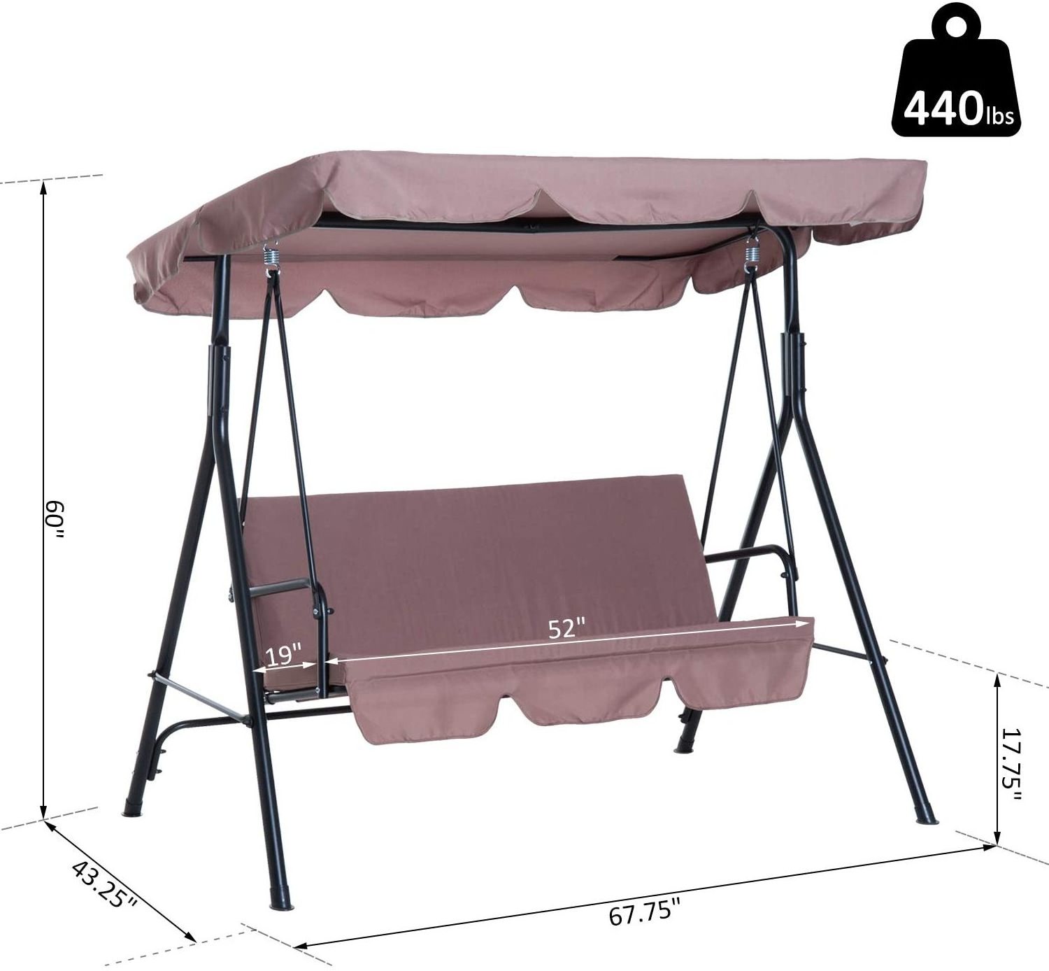 Outdoor patio Porch Lawn 3 seat cushion canopy swing Yard Glider Swing Chair with Stand