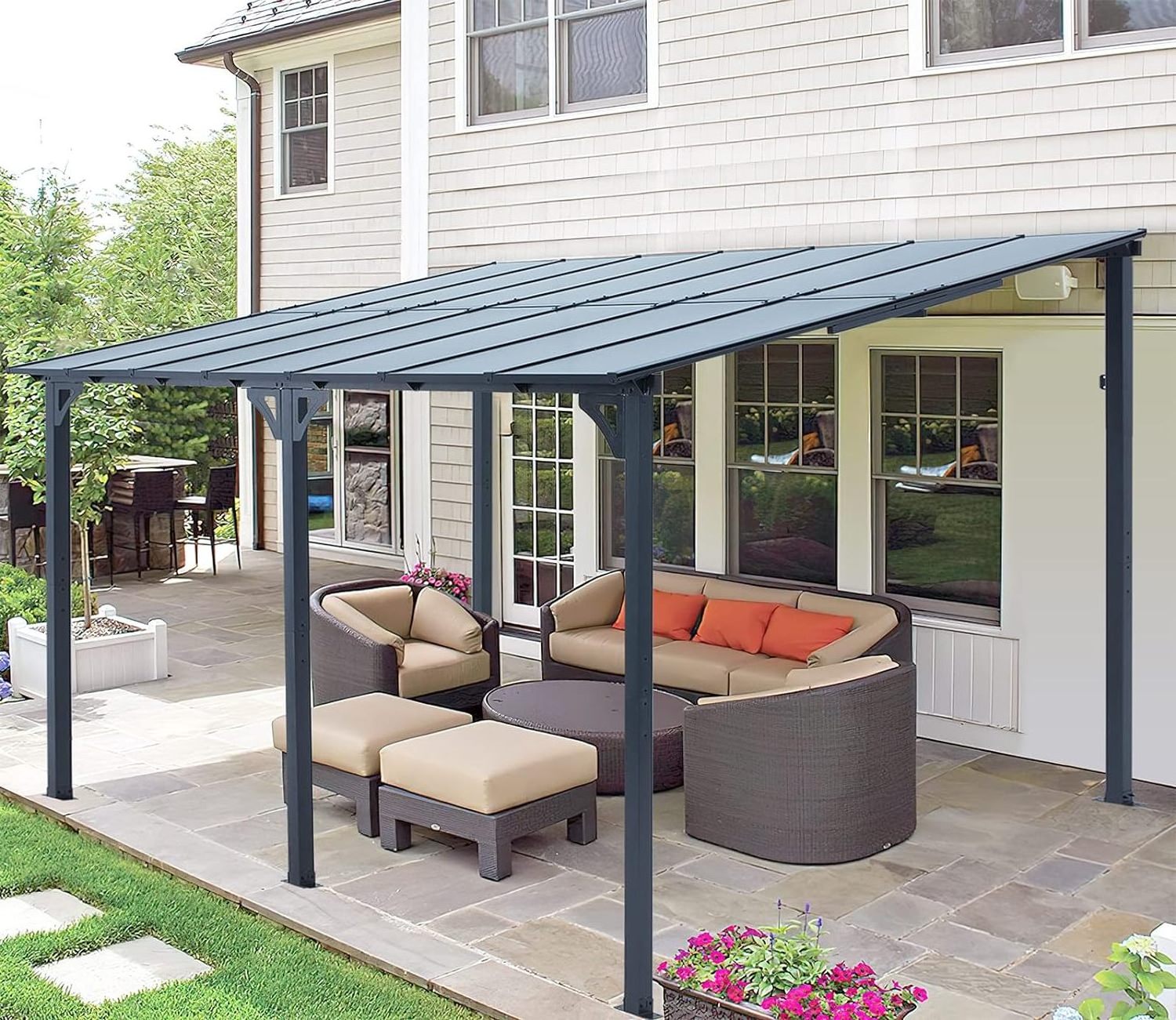 Hard Top Lean to Gazebo Pergola with Roof Large Wall-Mounted Heavy Duty Awnings for Patio, Decks, Backyard