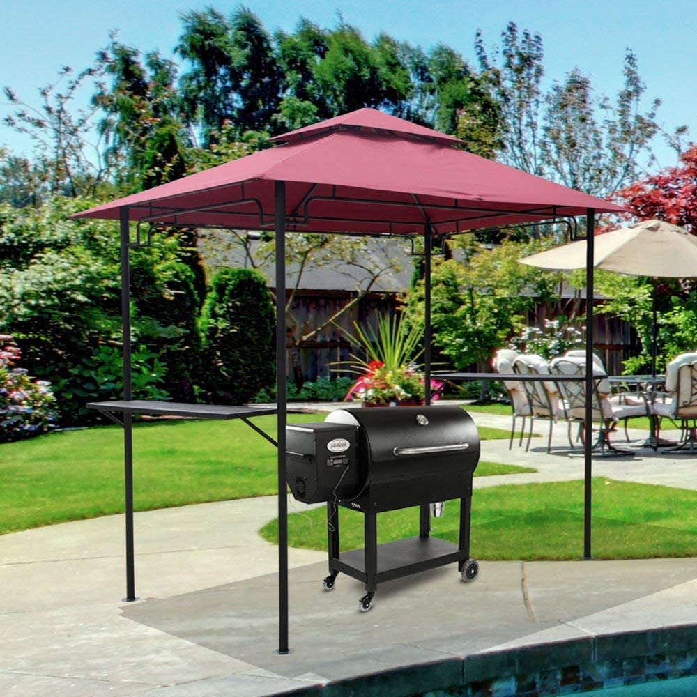 Outdoor Patio Backyard BBQ Grill Gazebo Double Tiered Soft Canopy Top Grill Shelter with Steel Frame and Bar Counters