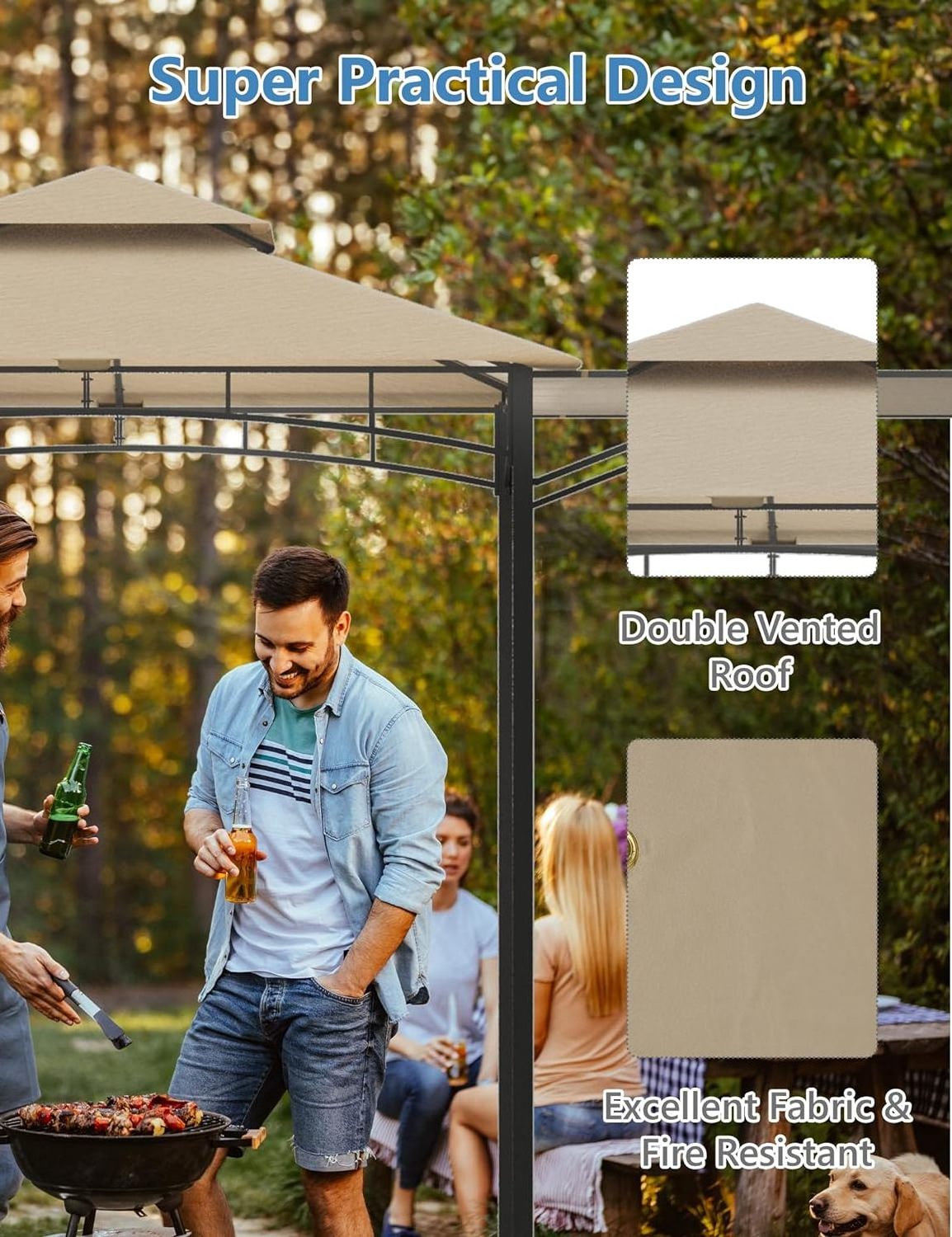 Double Roof BBQ Cabana Tent Canopy Shelter Patio Outdoor Grill Double Tier BBQ Gazebo Tent with Dual Side Retractable Awning