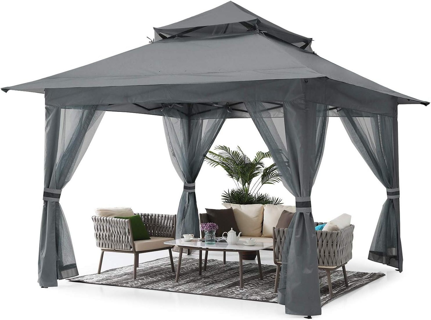 13x13 Square Pop Up Gazebo Grey Outdoor Canopy Tent with Mosquito Netting for Patio Garden Backyard