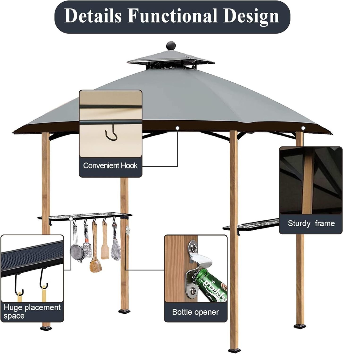 8'x5' Grill Gazebo Canopy Outdoor BBQ Gazebo with Hooks and Bottle Opener Double Tiered Patio Shelter Tent for Barbecues