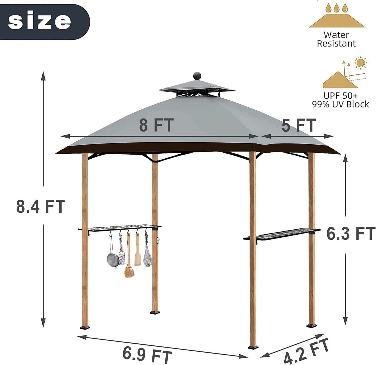 8'x5' Grill Gazebo Canopy Outdoor BBQ Gazebo with Hooks and Bottle Opener Double Tiered Patio Shelter Tent for Barbecues