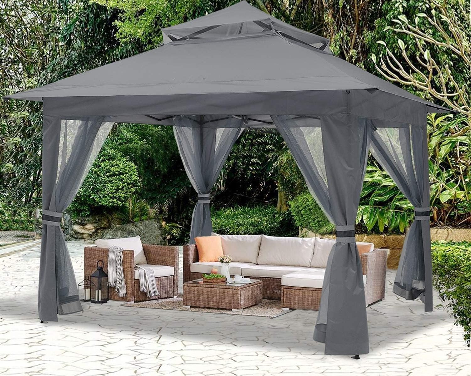 13x13 Square Pop Up Gazebo Grey Outdoor Canopy Tent with Mosquito Netting for Patio Garden Backyard