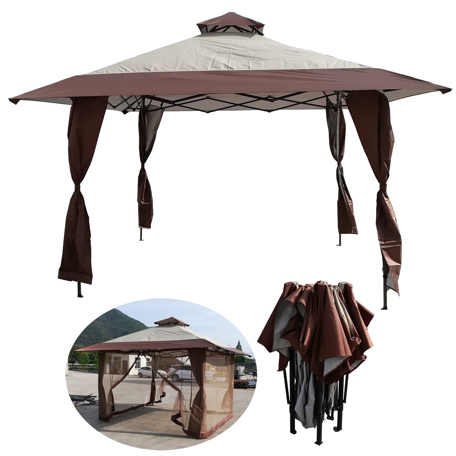 Outdoor 13X13 ft Canopy Patio Pop-up Garden Gazebo Tent for Shade and Rain with Corner Curtain Mosquito Net Double Layer Top