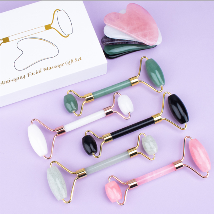 100% natural Anti-Aging Face eye Massage Stone Facial Beauty pink rose quartz jade roller gua sha set with box