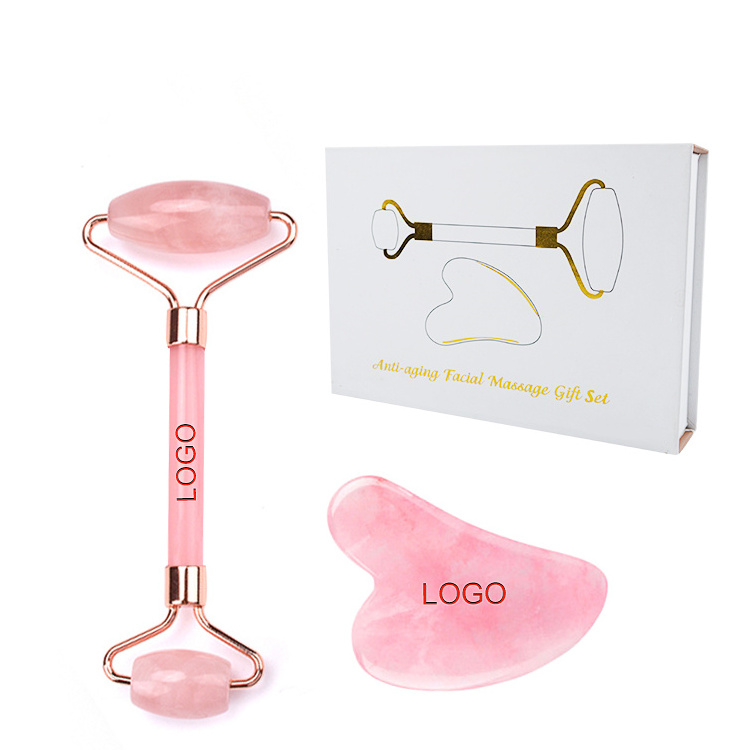 100% natural Anti-Aging Face eye Massage Stone Facial Beauty pink rose quartz jade roller gua sha set with box