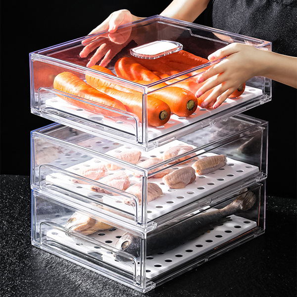 Plastic Kitchen Pantry Storage Containers Stackable Fridge Drawer Set Handle Refrigerator Organizer Bins with Pull-out Drawer