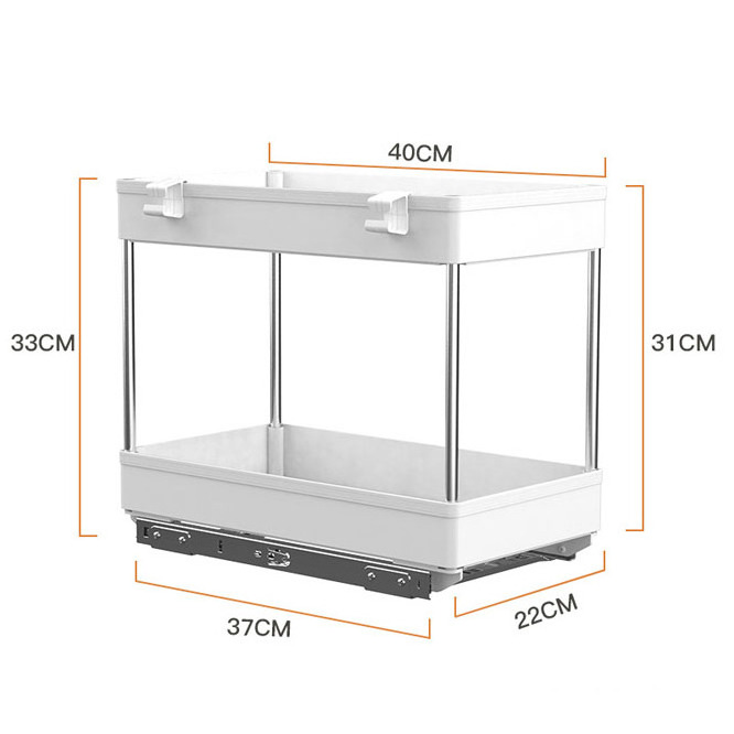 2 Tier Bathroom Storage Shelf with Hooks sliding rail shelves Pull-out wheels Kitchen cabinet holder Rack Under Sink Organizers