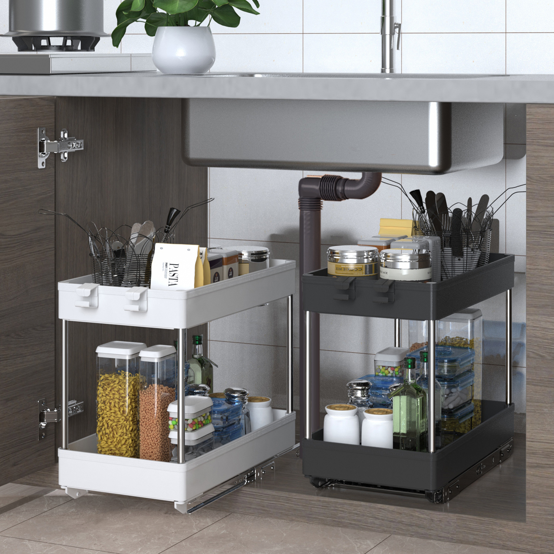 2 Tier Bathroom Storage Shelf with Hooks sliding rail shelves Pull-out wheels Kitchen cabinet holder Rack Under Sink Organizers