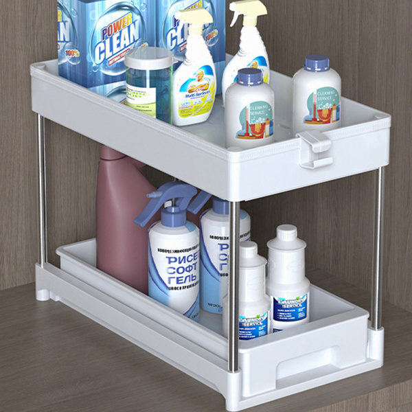 2 Tier Shelf with Hooks Handle wheels Basket Bottom Slide Out drawer cabinet holder Under Sink Kitchen organizer storage rack