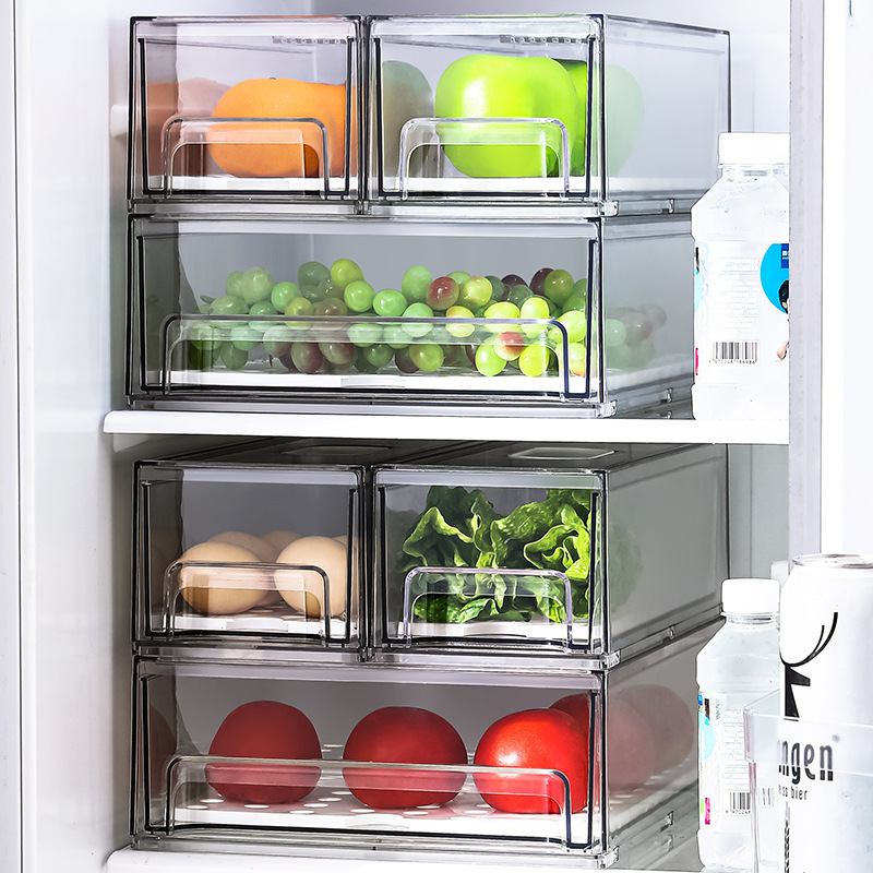 Plastic Kitchen Pantry Storage Containers Stackable Fridge Drawer Set Handle Refrigerator Organizer Bins with Pull-out Drawer