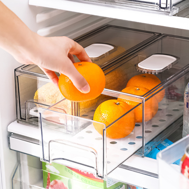 Plastic Kitchen Pantry Storage Containers Stackable Fridge Drawer Set Handle Refrigerator Organizer Bins with Pull-out Drawer