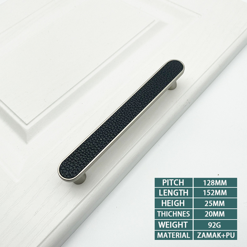 Good Nordic Zinc alloy leather Black brown Single double hole cabinet handles leather drawer pull kitchen hardware