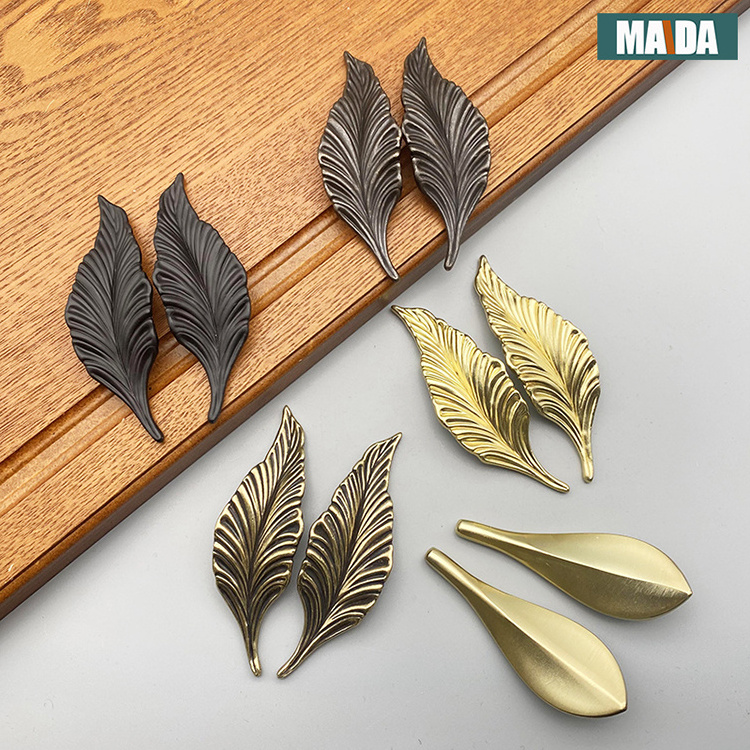 Hot new chinese zinc alloy leaf brass bronze matte black silver black drawer handles black kitchen door handles drawer pull