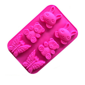 6-Cavity Fondant Mold Silicone Sugar Craft Tool for DIY Baking Makes Pudding Chocolate Butterfly Bear Rabbit Cakes