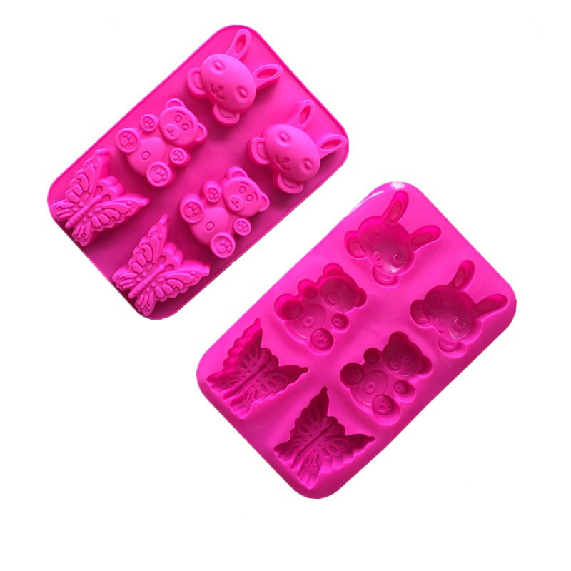 6-Cavity Fondant Mold Silicone Sugar Craft Tool for DIY Baking Makes Pudding Chocolate Butterfly Bear Rabbit Cakes