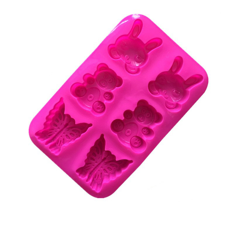 6-Cavity Fondant Mold Silicone Sugar Craft Tool for DIY Baking Makes Pudding Chocolate Butterfly Bear Rabbit Cakes