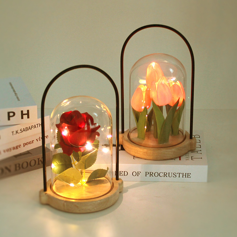 Rose flower Immortal Flower  Glass Cover Creative portable LED Light Valentine's Day  Girlfriend Birthday Gift