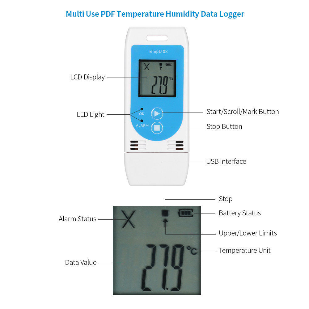 Tzone TempU03 Multi-use PDF Temperature and Humidity Data Logger USB Refrigerator Control