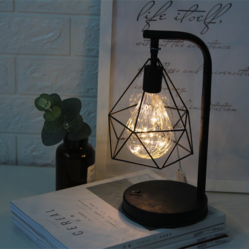 LED Wrought Iron Table Lamp with Night Light Battery Operated Children's Study Home Decor Black Finish Wedding Party Festivals