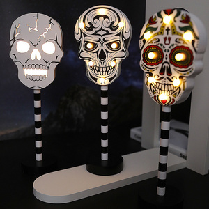 New Design Glowing LED Pumpkin Skull Ghost Witch Wood Decoration for Indoor Halloween Party Battery Operated Light