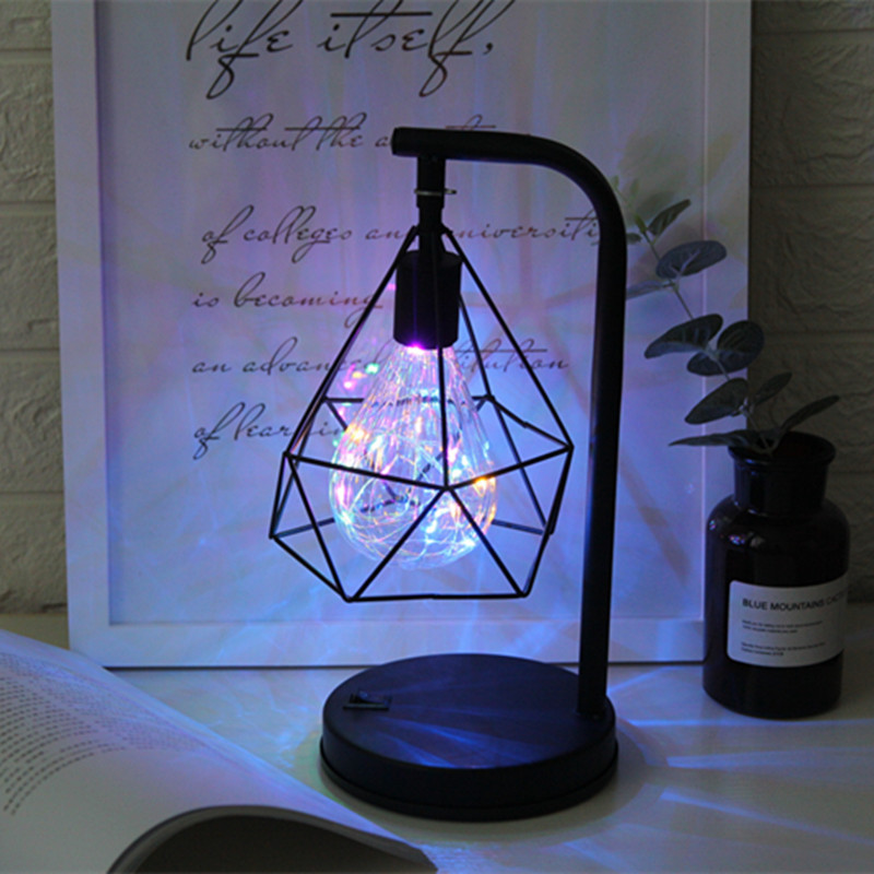 LED Wrought Iron Table Lamp with Night Light Battery Operated Children's Study Home Decor Black Finish Wedding Party Festivals