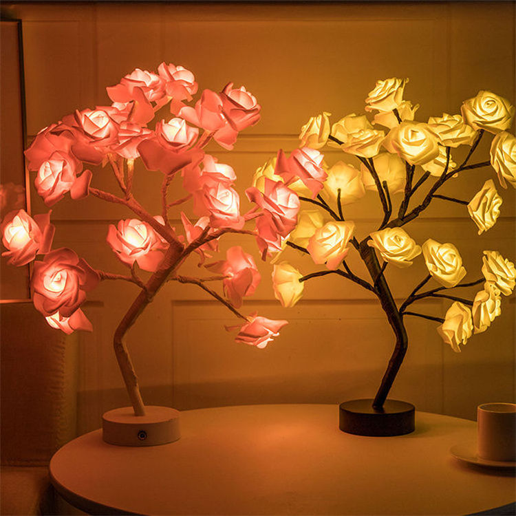 USB and Battery Powered LED Rose Table Lamp Romantic Flower Night Light for Wedding Bedroom Decoration Bonsai Tree Light