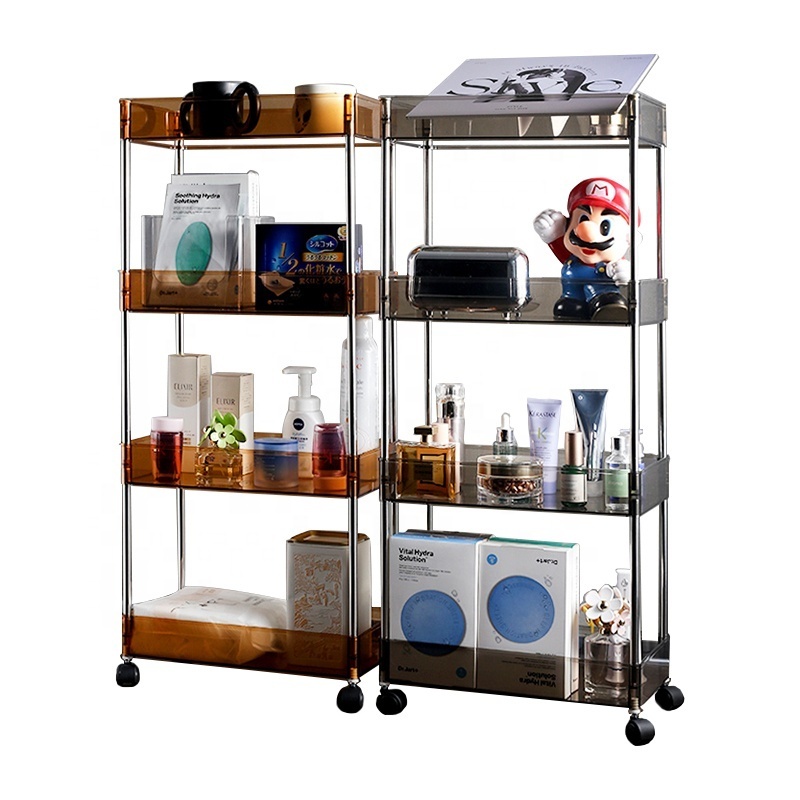 2/3/4 Tier Shelves Movable Plastic Rack Kitchen Organizer Bathroom Storage Trolley Rolling Cart With Wheel