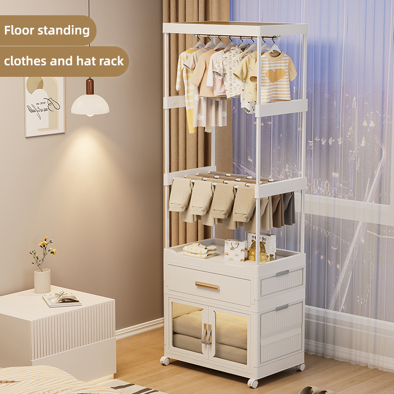 New design Bedroom Floor Standing Coat Rack Clothes Stand Foldable Rack With Storage Drawers Cabinet