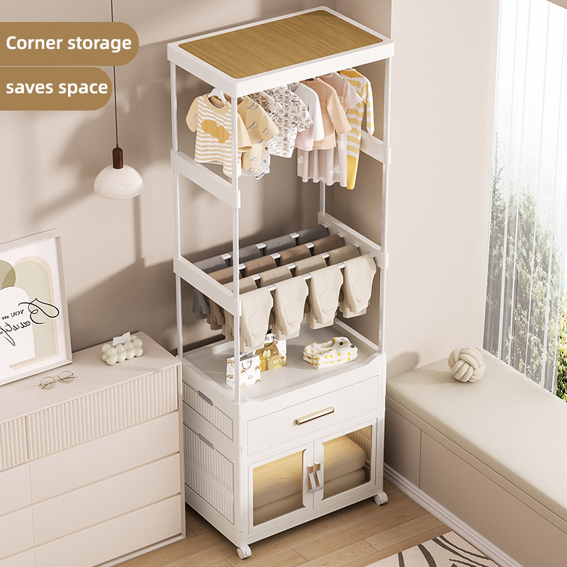 New design Bedroom Floor Standing Coat Rack Clothes Stand Foldable Rack With Storage Drawers Cabinet