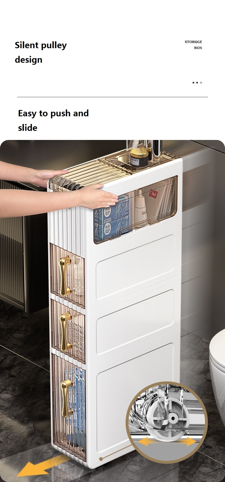 Eco-Friendly Mobile Bathroom Storage Drawer Skinny Corner Floor Cabinet with 2 Layers of Shees for Small Spaces