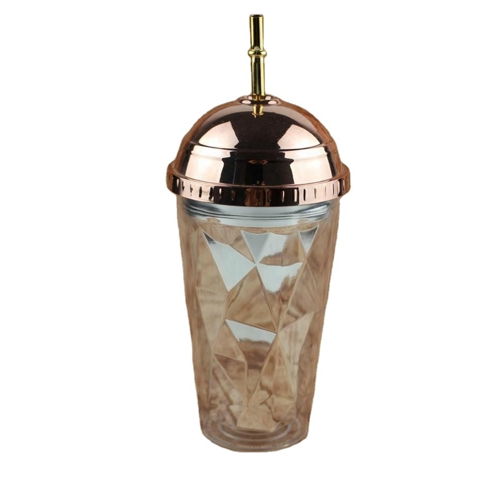 Tumbler with Straw - Golden and Rose Golden Double Wall Drinking Cups Coffee Mugs 16oz Irregular Diamond Cup with Dome Lid