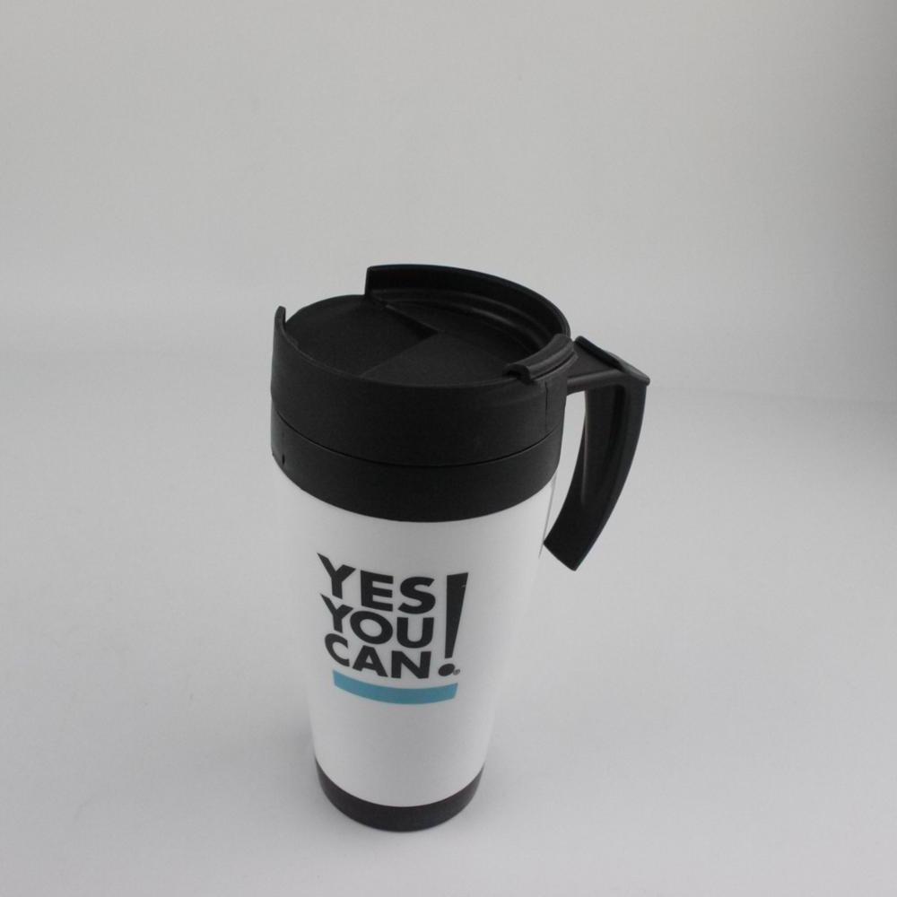 fashionable double wall plastic travel mug with handle and paper insert