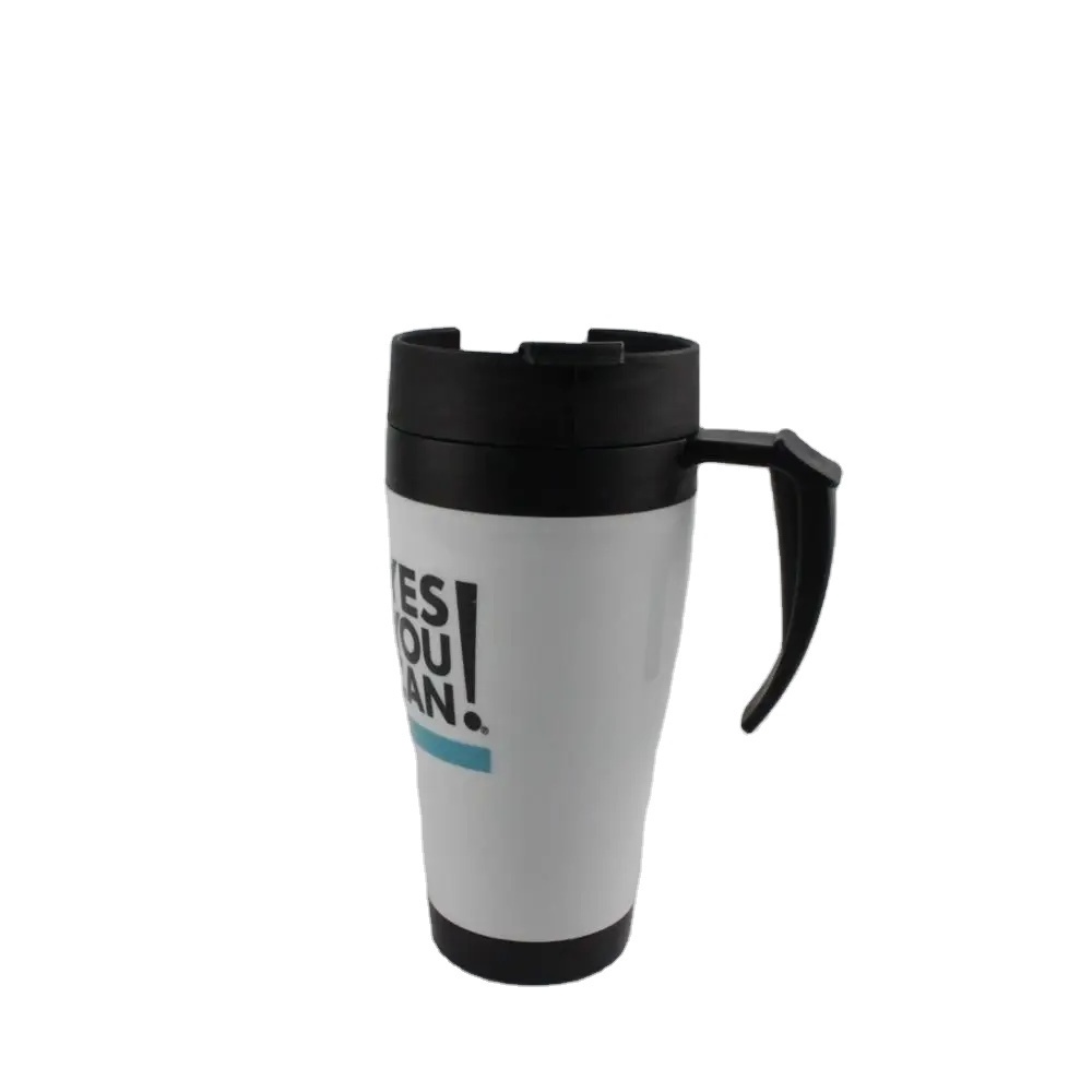 fashionable double wall plastic travel mug with handle and paper insert