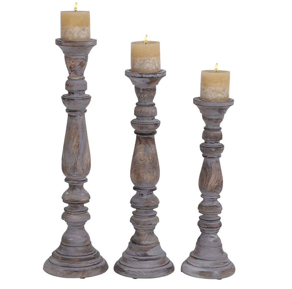 Distress Finish Candleholder 8 Inch High Flameless Wood Tealight Candle Stick Holder for Pillar