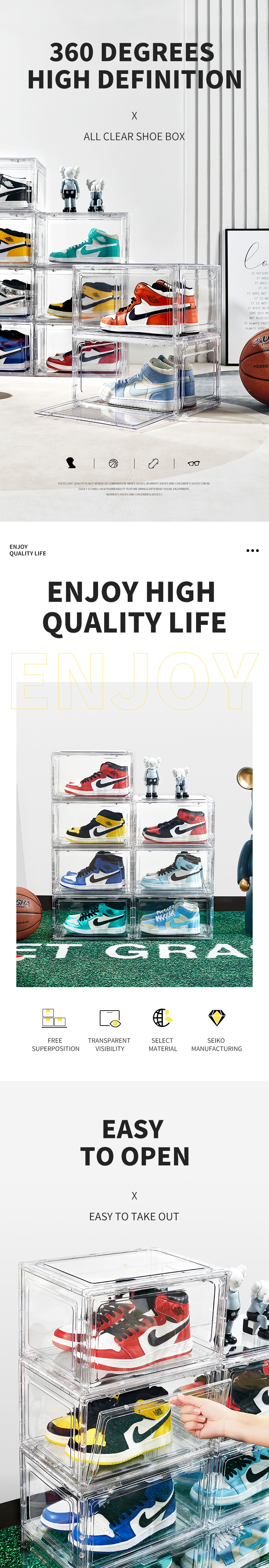 Stackable sneaker crate shoe box shoebox storage plastic clear drop side magnetic door AJ Folding storage transparent