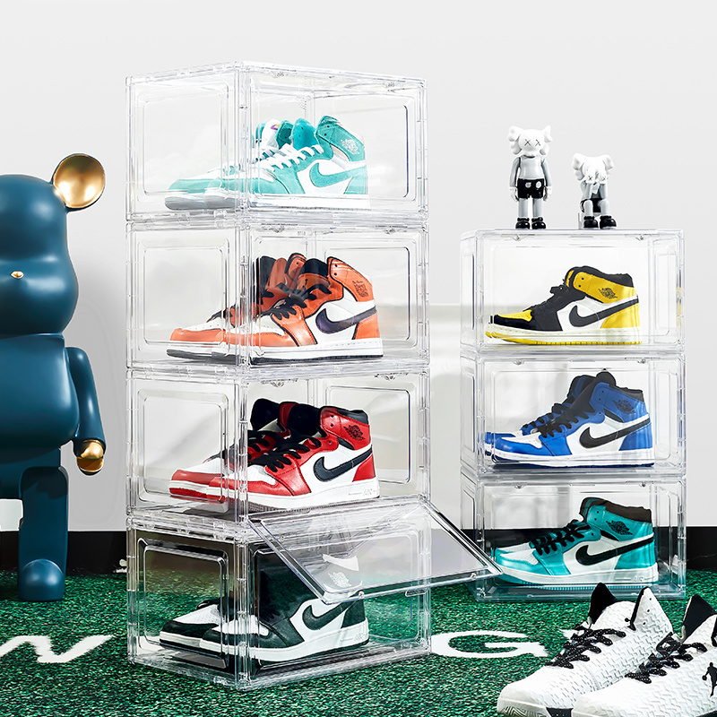 Stackable sneaker crate shoe box shoebox storage plastic clear drop side magnetic door AJ Folding storage transparent