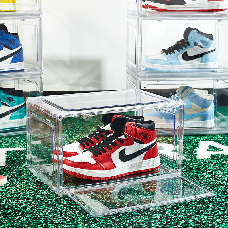 Stackable sneaker crate shoe box shoebox storage plastic clear drop side magnetic door AJ Folding storage transparent