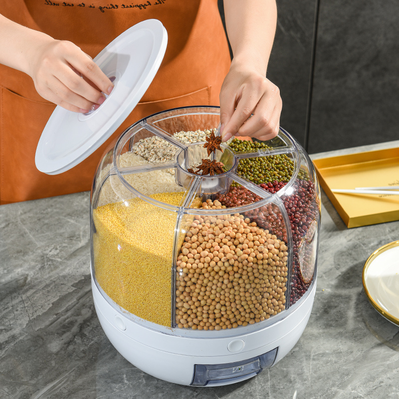 360 rotating rice dispenser glass 15KG rice dispenser 6 grid Cereals and Grain dispenser supermarket dry food storage