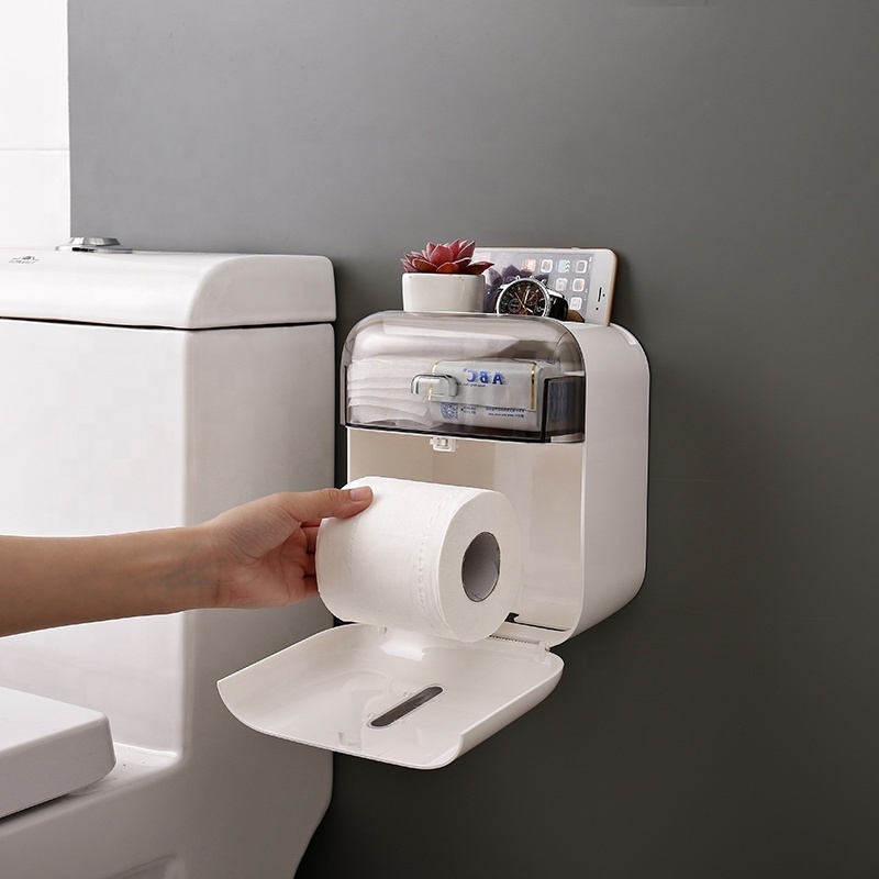 Wall-Mounted Bathroom Tissue Paper Holder with phone shelf Multifunction Tissue Box