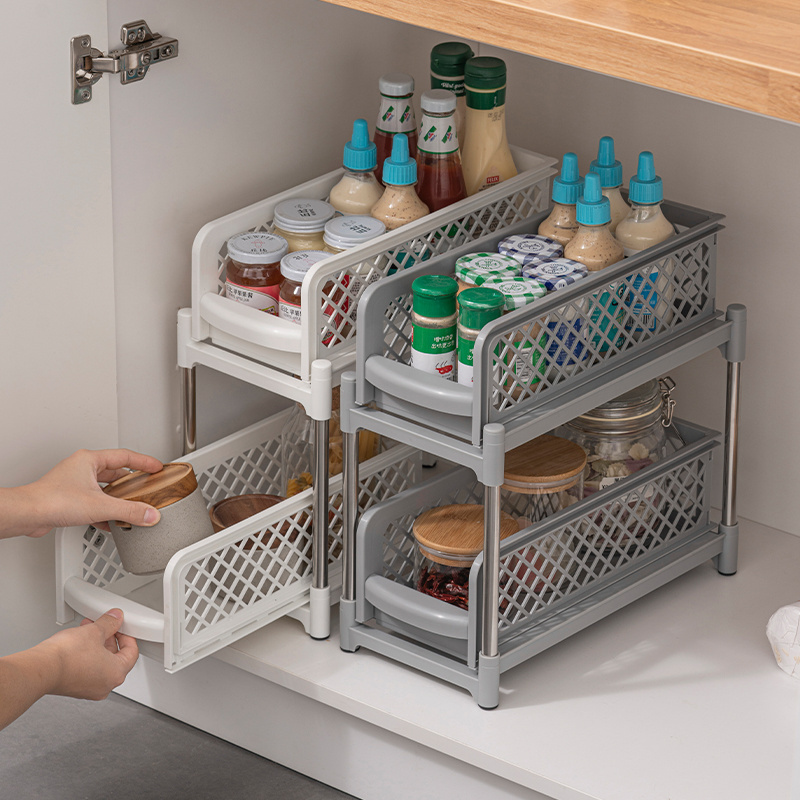 Space Saving Kitchen Cabinet Stacked Drawer Type Holder Storage Supplies Sliding Spice Rack Under Sink Organizer